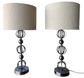 2 Contemporary Table Lamps With Textured Drum Shades