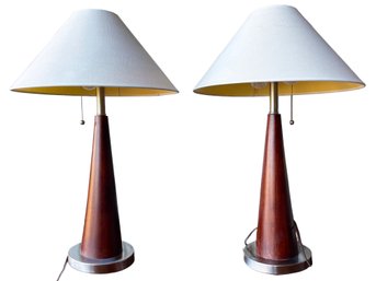 Pair Of Modern Wood And Chrome Table Lamps