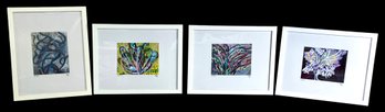 4 Original Signed Abstract Paintings By Artist Kari Greenberg - Purples, Greens & Blues