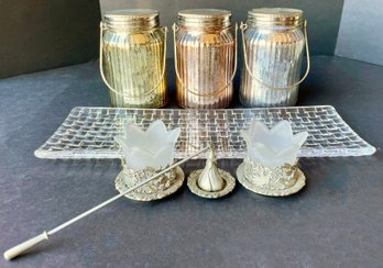 Mercury Glass Jars With Fairy Lights, Glass Basketweave Tray, And Partylite Pewter Finish Votives With Snuffer