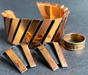 Mod Copper Bracelet, Clip Ons, And Ring Including Renoir