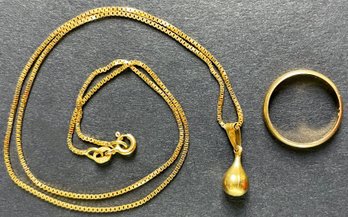 14k Gold Ring And 18k Gold Necklace With Teardrop Pendant