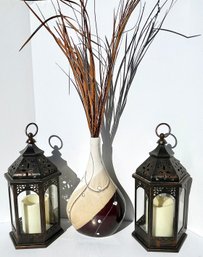 Pair Of Candle Lanterns With Faux Candles, Vase With Faux Foliage