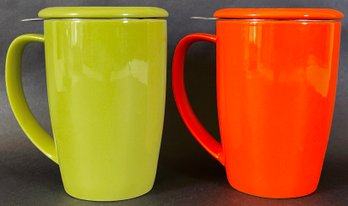 2 Colorful For Life Tea Mugs W/ Tea Strainers And Lids