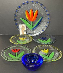 Lovely Painted Kosta Koda Plates, Platter, And Candle Holder