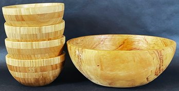 Handmade Signed Cottonwood Serving Bowl & 4 Bamboo Individual Salad Bowls