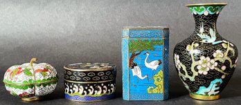 3 Vintage Mini Cloissonne Trinket Boxes & Bud Vase