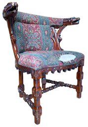 Antique Gothic  Chair With Figural Arm Rest, As Is