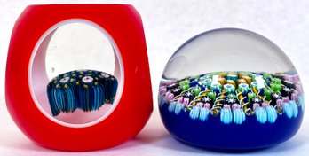 2 Millefiori Paperweights, One Is Cased & Faceted