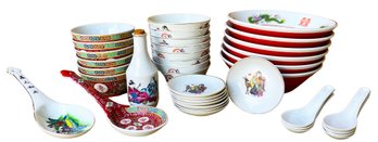 Oriental Soup Bowls (14), Large Bowls (6), Soup Spoons, Sake Server, Large Serving Spoons, Sauce Cups