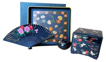 Asian Serving Tray, Fan, Rice Bowl With Lid, Japanese Three-tiered Box