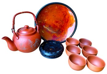 Japanese Ceramic Tea Pot With 6 8oz Matching Cups, Tea Pot Stand, Serving Tray
