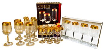 Gold Rimmed Florentine Wine Glasses (4),  Flutes (4), Port (6) Cellini Wine Glasses (4)