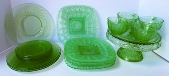Green Glass Dishware And Cake Stand