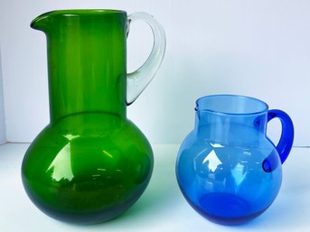 Blue And Green Hand Blown Glass Pitchers