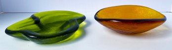 Mid-century Green And Yellow Handblown Glass Ashtrays