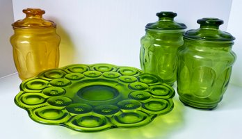 3 Beautiful Mid-century Glass Jars With Lid And Glass Cake Stand