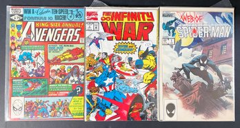3 Comic Books: Web Of Spiderman #1, The Avengers #10, & The Infinity War #2