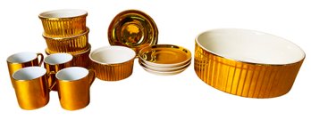 4 Gold Demitasse Cups And Saucers, 4 Gold Ramekins, Gold 1.5qt Souffle Dish