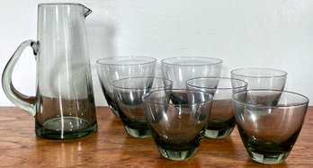 Per Lutken For Holmegaard Danish Smoked Glass Small Pitcher & 7 Glasses