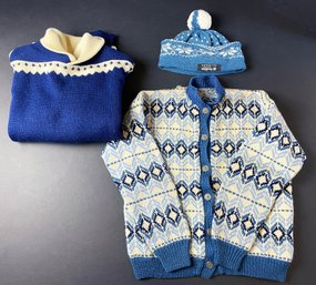 2 Vintage Norwegian Sweaters With Coordinating Hat
