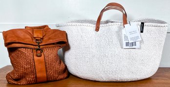 Woven Brown Leather Sundance Backpack & Brand New Oversized Mifuko Basket Bag, Handmade In Kenya