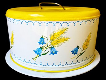 Yellow And White Mid-century Tin Cake Box