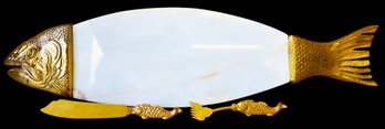 Marble And Gold 'fish' Serving Platter With Serving Fork And Knife