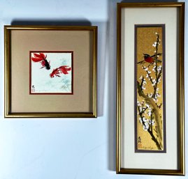 2 Signed Lucy Wang Chinese Brush Paintings, Koi Fish & Cherry Blossom Bird On Gold Paper