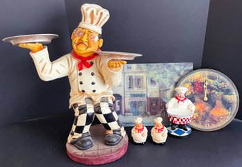 Large French Chef With Other French Kitchen Decor Including Clock, Shakers, And Cutting Board