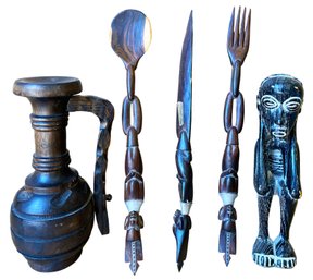 African Carved Knife, Fork, Spoon, Figurine, Pitcher