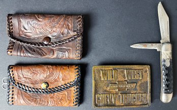 Wild West Chevrolet Trucker Belt Buckle With Vintage Pocket Knife And Tooled Leather Key Wallets