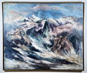 Amazing Original Vintage Mountain Landscape Painting On Canvas, Large Scale & Signed By Artist Lowell Beer