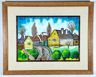 Original Vintage Village Painting On Paper