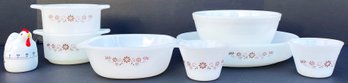 Vintage Milk Glass Dynaware Serving Items, White Pyrex 402 Bowl, & Kromex Tiered Serving Plates & More