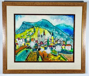 Original Vintage Mountain Village Painting, Signed