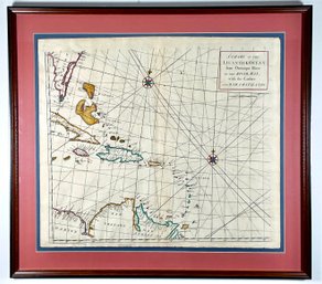 Antique C.1728 Chart Of The Atlantic Ocean With The Caribee And Bahama Islands