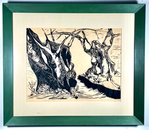 Mid Century Woodblock Print, ' Olive Trees- Delphi', Signed By Artist Judith Knight