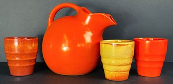 Vintage Pottery Pitcher & 3 Tumblers