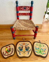 Colorful Painted Child's Chair & Trivets