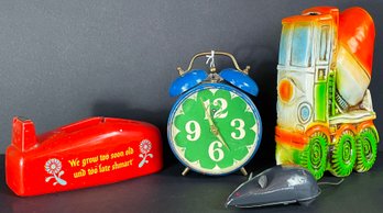 Vintage Ephemera Including Alarm Clock, Mouse, Piggy Bank & Scotch Tape Dispenser