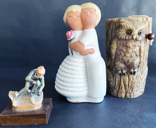 Vintage Figurines Including Anri Skier, Jie Gantofta Swedish Couple, And Owl Candle