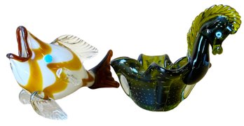 Hand-Blown Glass Horse Serving Dish And Hand-blown Glass Fish Figure