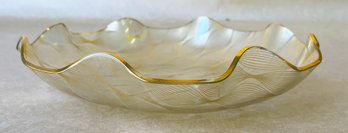 Stunning Mid-century Glass Serving Bowl With Gold Trim And Inlay