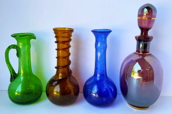 4 Hand-Blown Glass Bottle, Vases, Pitcher, Decanter