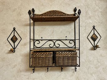 Wicker And Metal Wall Shelf With Matching Candle Sconces
