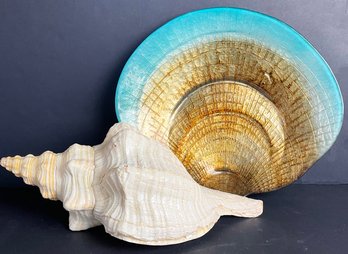 Large Conch Shell And Art Glass 'Clam Shell' Platter