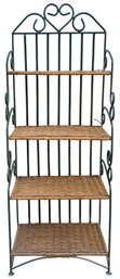 Green Metal Scroll & Wicker Standing Shelf