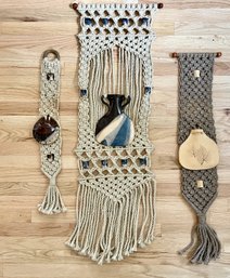 3 Vintage Macrame And Pottery Wall Hangings