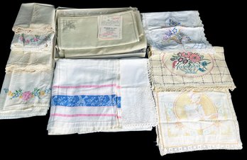 NOS Vintage George Tan Embroidered Irish Linen Tablecloth & 12 Napkins, Embroidered Pillowcases, & More